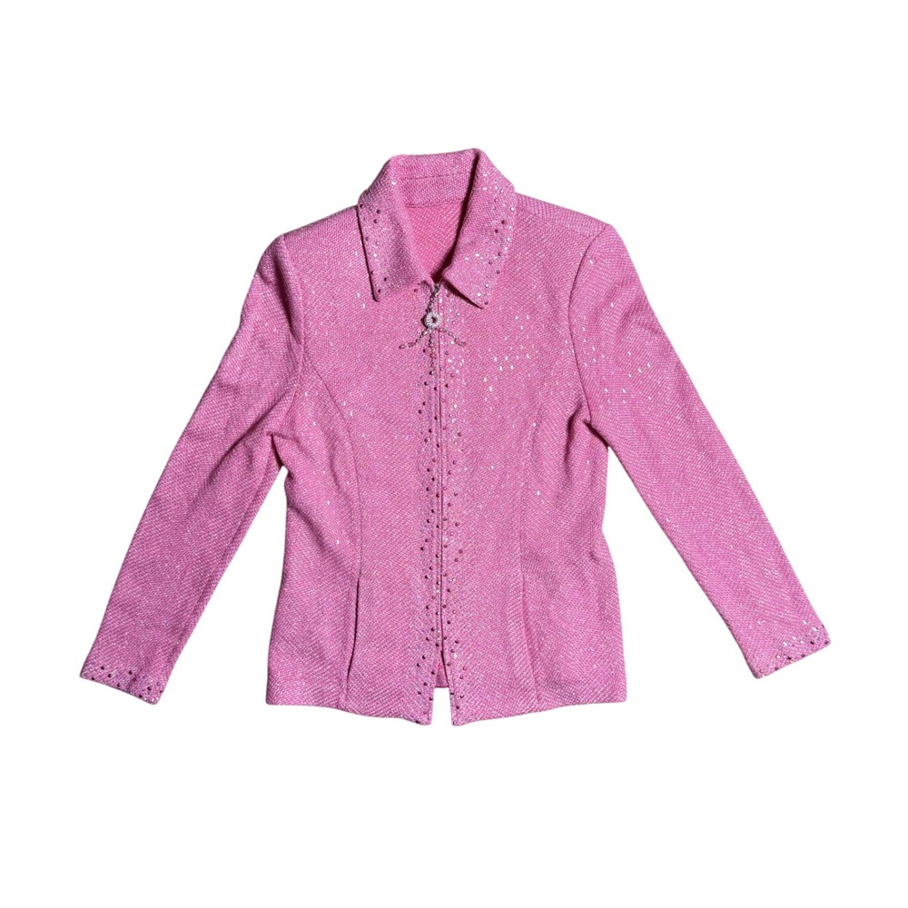 Women Pink Metallic Tweed Knit Sequin Rhinestone Zip Up Jacket Blazer